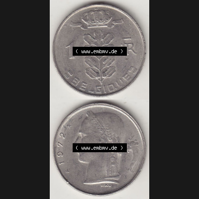 Münzen Belgien Eurovorläufer, Umlaufmünze vor Euroeinführung 1950-1988, 1 FR-Franken 1972 Belgique. Vorderseite und Rückseite Vertikal Untereinander, passend... Sammlung