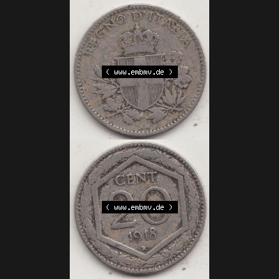 Münzen Italien / Italia Eurovorläufer, Umlaufmünze vor Euroeinführung 1919-1920, 20 Centesimi, Cent, REGNO DITALIA 1918-1. Rückseite und Vorderseite... Sammlung