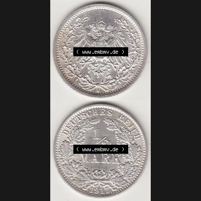 Münzen Deutschland 1871-1918 Kaiserreich Silbermünze 1905-1919, 1/2 Mark A 1917. Vorderseite und Rückseite Vertikal Untereinander, passend für Mobile-Geräte,... Sammlung