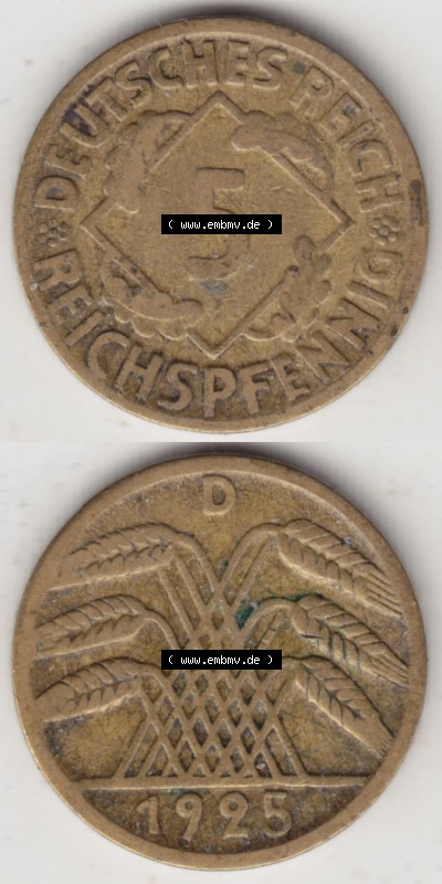Münzen Deutschland 1918-1932 Weimarer Republik 1924-1936, 5 Reichspfennig D, 1925 (4) Sammlung