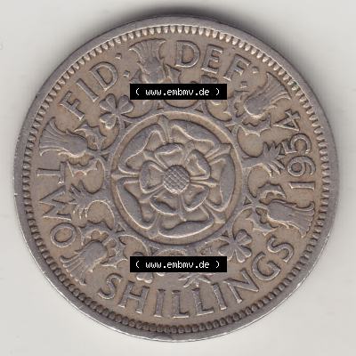 Münzen Großbritannien Eurovorläufer, Umlaufmünze vor Euroeinführung 1954-1970, 2 Schilling - Shillings 1954-1. Rückseite einer Münze aus Großbritannien... Sammlung