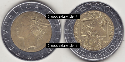 Münzen Italien / Italia Eurovorläufer, Gedenkmünze vor Euroeinführung 1997-1997, 500 Lire, 50 Jahre Staatspolizei (1947-1997),... Sammlung