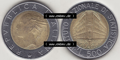Münzen Italien / Italia Eurovorläufer, Gedenkmünze vor Euroeinführung 1996-1996, 500 Lire, 70 Jahre Nationales Institut für... Sammlung