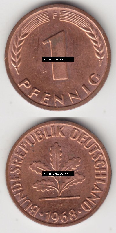 Münzen Deutschland 1 Pfennig-Deutsche Mark 1950-2001, 1 Pfennig 1968 F. Rückseite und Vorderseite in vertikaler Ansicht für... Sammlung