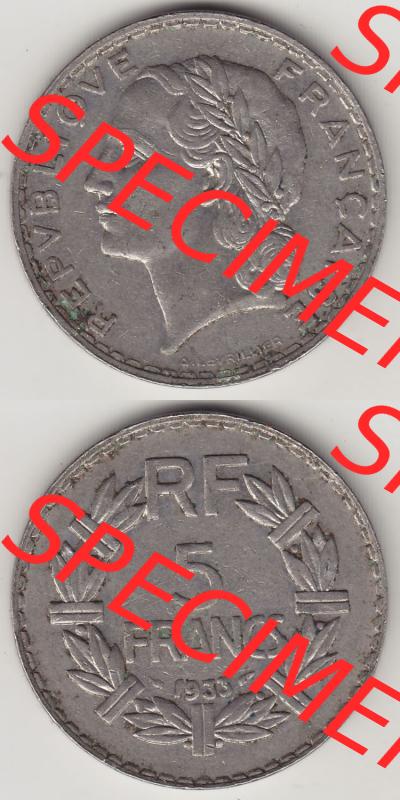 Münzen Frankreich Eurovorläufer, Umlaufmünze vor Euroeinführung 1933-1938, 5 Franken - Francs RF 1933. Vorderseite und Rückseite Vertikal Untereinander,... Sammlung