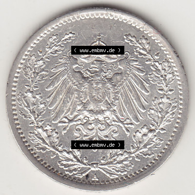 Münzen Deutschland 1871-1918 Kaiserreich Silbermünze 1905-1919, 1/2 Mark A 1915. Vorderseite einer Münze aus dem deutschen... Sammlung