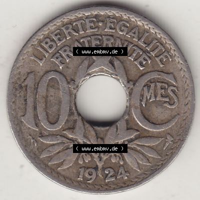 Münzen Frankreich Eurovorläufer, Umlaufmünze vor Euroeinführung 1917-1938, 10 Centimes, 10 CMES EGALITÉ FRATERNITÉ LIBERTÉ 1924-1. Rückseite... Sammlung