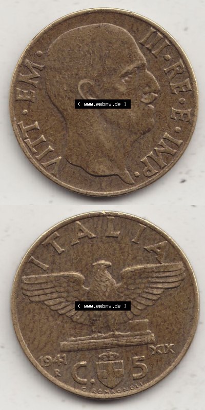 Münzen Italien / Italia Eurovorläufer, Umlaufmünze vor Euroeinführung 1939-1943, 5 Centesimi, Cent, Viktor Emanuel III. C.5... Sammlung
