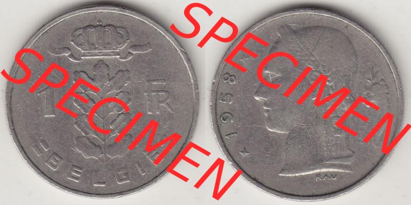 Münzen Belgien Eurovorläufer, Umlaufmünze vor Euroeinführung 1950-1988, 1 FR-Franken 1958 België. Vorderseite und Rückseite Nebeneinander einer Münze... Sammlung