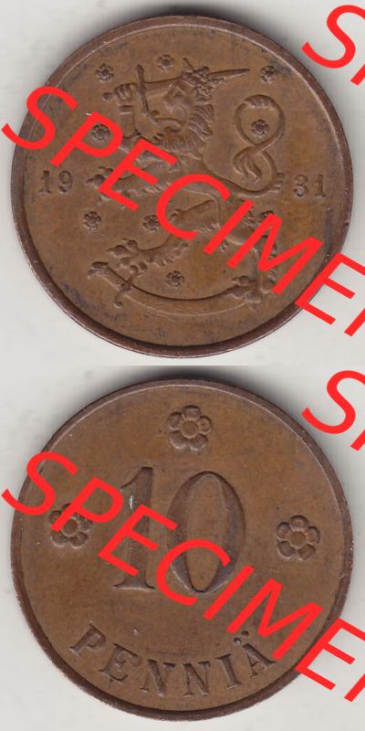 Alte Münzen Finnland, inoffizieller privater Kursmünzensatz / KMS - Zusammenstellung, mit Münze 1919-1940, 10 Penny, Penniä 1931. Rückseite und... Sammlung