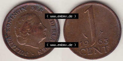 Münzen Niederlande / Netherlands Eurovorläufer, Umlaufmünze vor Euroeinführung 1950-1980, 1 Cent 1963, alte Münze (3) Sammlung