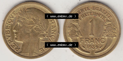 Alte Münzen Frankreich, Kursmünzensatz Zeitraum 1917-1952, der Münze 1931-1941, 1 Franken, Franc, 1939. Rückseite und Vorderseite... Sammlung