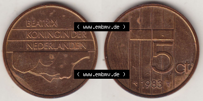 Münzen Niederlande / Netherlands Eurovorläufer, Umlaufmünze vor Euroeinführung 1982-2001, 5 Ct Cent 1983 Königin Beatrix... Sammlung