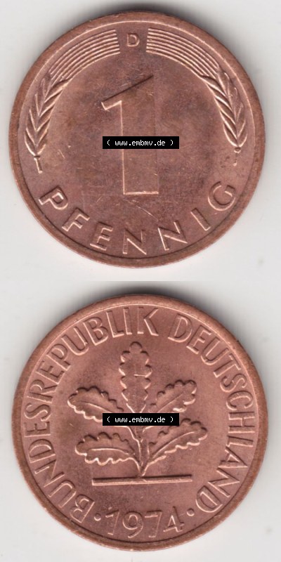 Münzen Deutschland 1 Pfennig-Deutsche Mark 1950-2001, 1 Pfennig 1974 D. Rückseite und Vorderseite in vertikaler Ansicht für... Sammlung