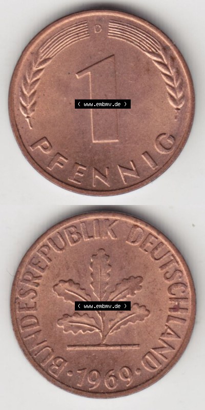 Münzen Deutschland 1 Pfennig-Deutsche Mark 1950-2001, 1 Pfennig 1969 D. Rückseite und Vorderseite in vertikaler Ansicht für... Sammlung