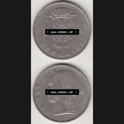 Münzen Belgien Eurovorläufer, Umlaufmünze vor Euroeinführung 1950-1988, 1 FR-Franken 1958 België. Vorderseite und Rückseite Vertikal Untereinander,... Sammlung