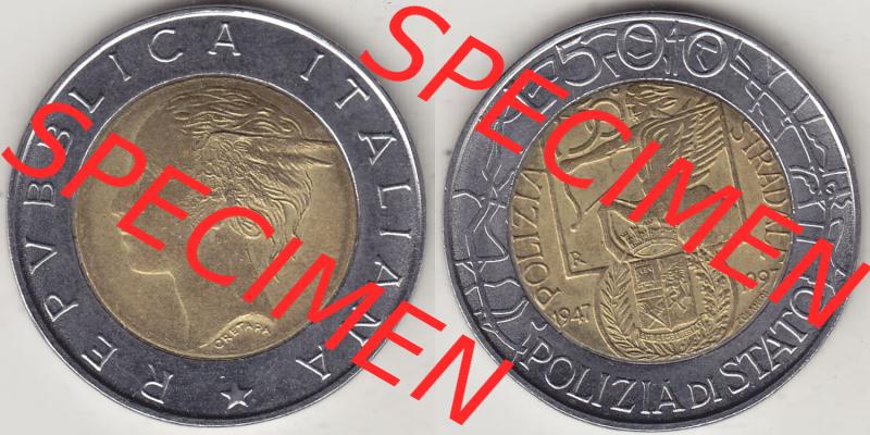 Münzen Italien / Italia Eurovorläufer, Gedenkmünze vor Euroeinführung 1997-1997, 500 Lire, 50 Jahre Staatspolizei (1947-1997), POLIZIA DI STATO... Sammlung