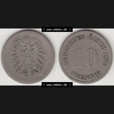 Münzen Deutschland 1871-1918 Kaiserreich 1873-1889, 10 Pfennig A, 1876. Vorderseite und Rückseite Nebeneinander einer Münze aus Europa dem Deutschen Kaiserreich als Digitales... Sammlung