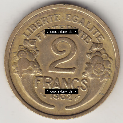 Alte Münzen Frankreich, Kursmünzensatz Zeitraum 1917-1952, der Münze 1931-1941, 2 Franken, Francs, 1932 (Stück 1). Rückseite... Sammlung