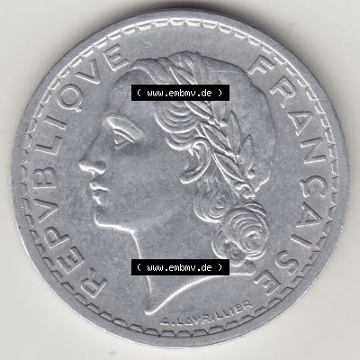Alte Münzen Frankreich, Kursmünzensatz Zeitraum 1917-1952, der Münze 1945-1952, 5 Franken, Francs 1949-1. Vorderseite einer Münze aus Frankreich in Europa... Sammlung