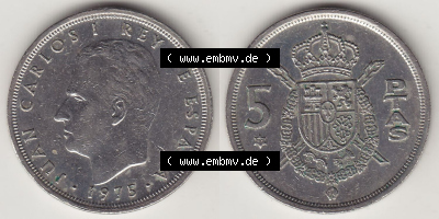 Münzen Spanien / España Eurovorläufer, Umlaufmünze vor Euroeinführung 1975-1980, 5 Peseten PTAS 1979 (Stück 3), REY - König... Sammlung
