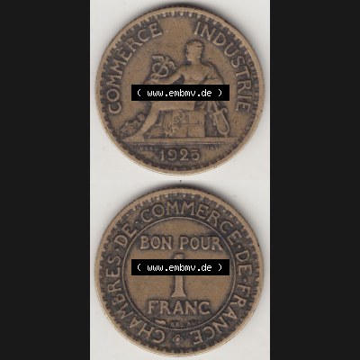 Münzen Frankreich Eurovorläufer, Umlaufmünze vor Euroeinführung 1920-1927, 1 Franken BON POUR 1 FRANC 1925. Vorderseite und Rückseite Vertikal Untereinander... Sammlung