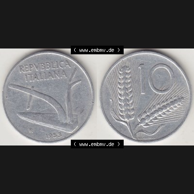 Münzen Italien / Italia Eurovorläufer, Umlaufmünze vor Euroeinführung 1951-2001, 10 Lire 1953-2. Vorderseite und Rückseite Nebeneinander einer Münze... Sammlung
