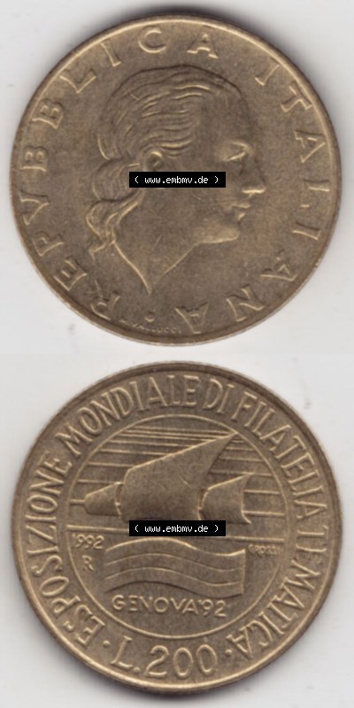 Münzen Italien / Italia Eurovorläufer, Gedenkmünze vor Euroeinführung 1992-1992, 200 Lire Briefmarkenausstellung in Genua.... Sammlung