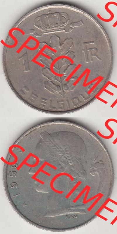 Münzen Belgien Eurovorläufer, Umlaufmünze vor Euroeinführung 1950-1988, 1 FR-Franken 1956 Belgique. Vorderseite und Rückseite Vertikal Untereinander, passend... Sammlung