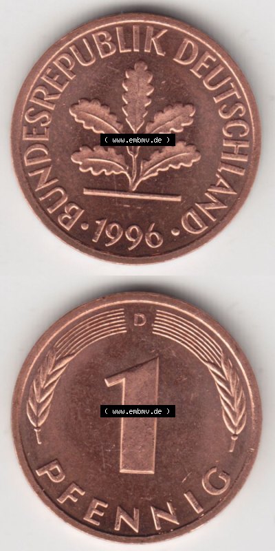 Münzen Deutschland 1 Pfennig-Deutsche Mark 1950-2001, 1 Pfennig 1996 D. Vorderseite und Rückseite in vertikaler Ansicht, einer... Sammlung