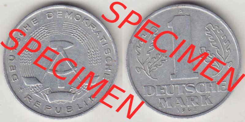 Münzen Deutschland DDR 1956-1963, A 1 Deutsche Mark 1962-2. Vorderseite und Rückseite Nebeneinander einer 1 Mark Münze / Umlaufmünze aus Deutschland der ehemaligen... Sammlung