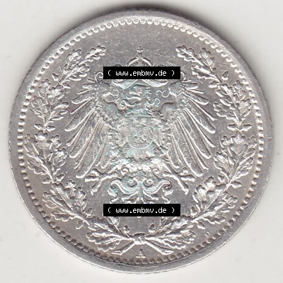 Münzen Deutschland 1871-1918 Kaiserreich Silbermünze 1905-1919, 1/2 Mark A 1907. Vorderseite einer Münze aus dem deutschen... Sammlung