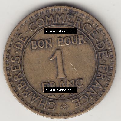 Münzen Frankreich Eurovorläufer, Umlaufmünze vor Euroeinführung 1920-1927, 1 Franken BON POUR 1 FRANC 1924-2. Rückseite einer Münze aus Europa als Digitales... Sammlung