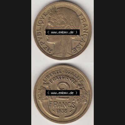 Münzen Frankreich Eurovorläufer, Umlaufmünze vor Euroeinführung 1931-1941, 2 Franken 1938-1 LIBERTE EGALITE FRATERNITE. Rückseite und Vorderseite vertikal untereinander... Sammlung