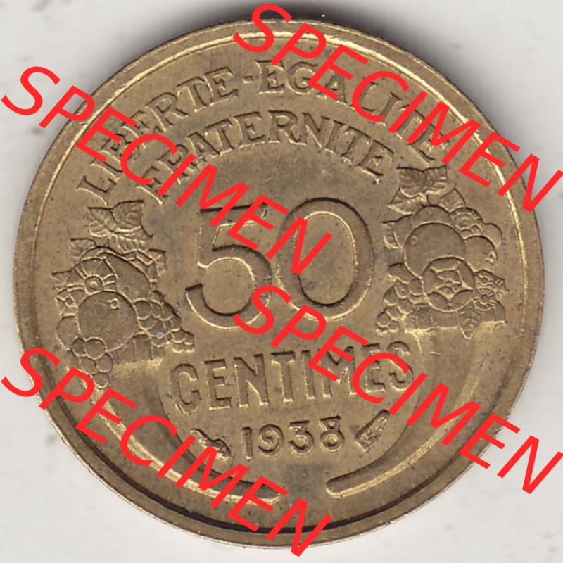 Alte Münzen Frankreich, Kursmünzensatz Zeitraum 1917-1952, der Münze 1931-1947, 50 Centimes, 1938-1. Rückseite einer Münze aus Frankreich in Europa... Sammlung