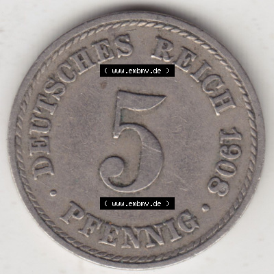 Münzen Deutschland 1871-1918 Kaiserreich 1890-1915, 5 Pfennig A, 1908 II (1) Sammlung