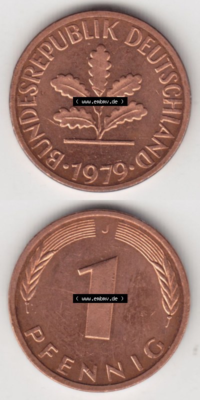 Münzen Deutschland 1 Pfennig-Deutsche Mark 1950-2001, 1 Pfennig 1979 J. Vorderseite und Rückseite in vertikaler Ansicht, einer... Sammlung