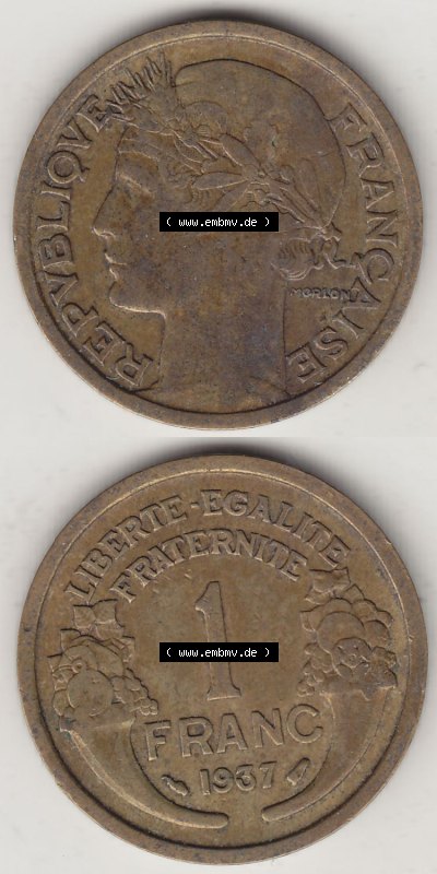 Münzen Frankreich Eurovorläufer, Umlaufmünze vor Euroeinführung 1931-1941, 1 Franken, 1 Franc, 1937 (Stück 1) LIBERTE EGALITE... Sammlung