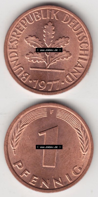 Münzen Deutschland 1 Pfennig-Deutsche Mark 1950-2001, 1 Pfennig 1977 F. Vorderseite und Rückseite in vertikaler Ansicht, einer... Sammlung