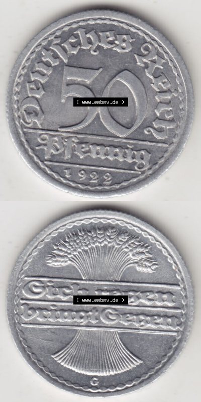 Münzen Deutschland 1918-1932 Weimarer Republik 1919-1922, 50 Pfennig G, 1922 Sich Regen Bringt Segen III (4) Sammlung