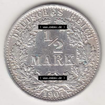 Münzen Deutschland 1871-1918 Kaiserreich Silbermünze 1905-1919, 1/2 Mark A 1907. Rückseite einer Münze aus dem Deutschen Kaiserreich in Europa als Digitales Bild /... Sammlung