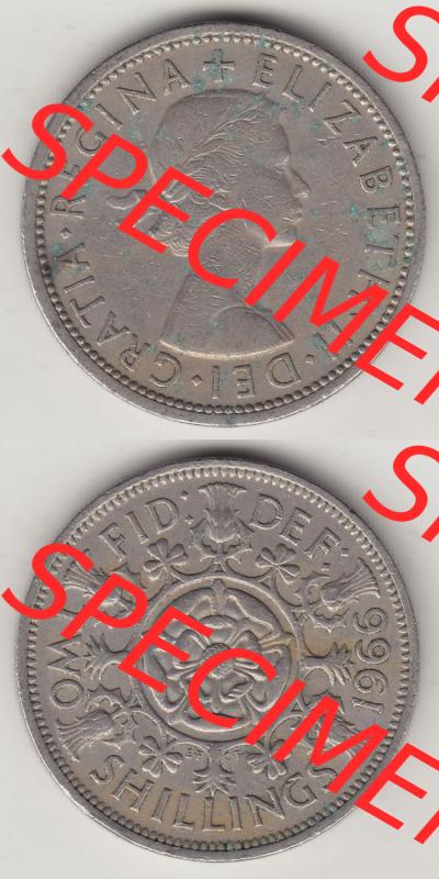 Münzen Großbritannien Eurovorläufer, Umlaufmünze vor Euroeinführung 1954-1970, 2 Schilling - Shillings 1966-5. Vorderseite und Rückseite vertikal untereinander... Sammlung
