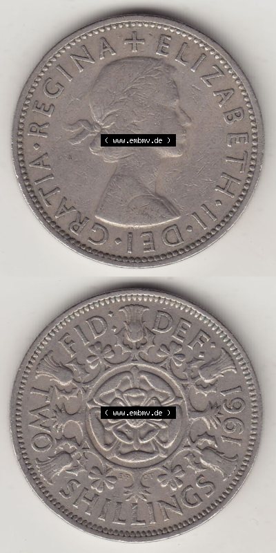 Münzen Großbritannien Eurovorläufer, Umlaufmünze vor Euroeinführung 1954-1970, 2 Schilling - Shillings 1961 (Stück 1). Vorderseite... Sammlung