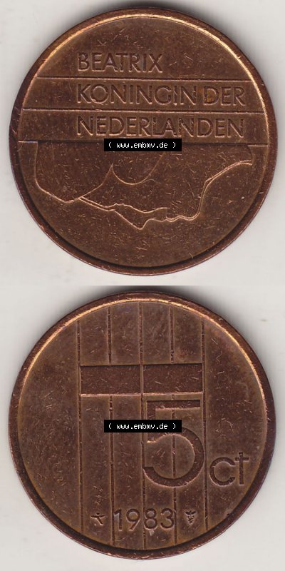 Münzen Niederlande / Netherlands Eurovorläufer, Umlaufmünze vor Euroeinführung 1982-2001, 5 Ct Cent 1983 (Stück 3) Königin... Sammlung