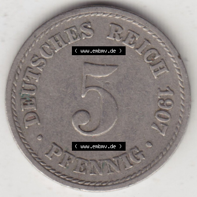 Münzen Deutschland 1871-1918 Kaiserreich 1890-1915, 5 Pfennig A, 1907 I. (1) Sammlung