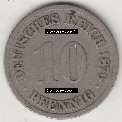 Münzen Deutschland 1871-1918 Kaiserreich 1873-1889, 10 Pfennig A, 1876. Vorderseite einer Münze aus dem deutschen Kaiserreich... Sammlung