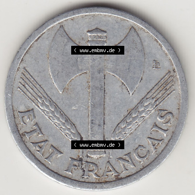 Münzen Frankreich Eurovorläufer, Umlaufmünze vor Euroeinführung 1942-1944, 1 Franken - Francs 1943 (Stück 2). Vorderseite... Sammlung