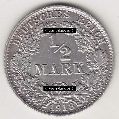 Münzen Deutschland 1871-1918 Kaiserreich Silbermünze 1905-1919, 1/2 Mark A 1918. Rückseite einer Münze aus dem Deutschen Kaiserreich in Europa als Digitales Bild /... Sammlung