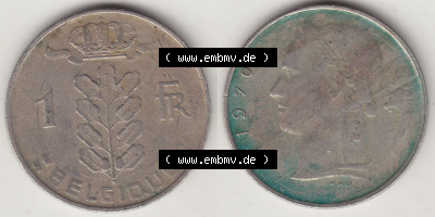 Münzen Belgien Eurovorläufer, Umlaufmünze vor Euroeinführung 1950-1988, 1 FR-Franken 1970 Belgique. Vorderseite und Rückseite... Sammlung