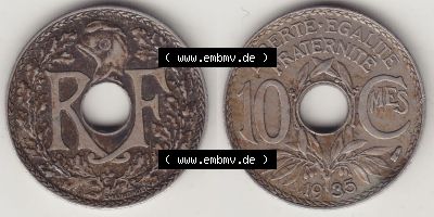 Münzen Frankreich Eurovorläufer, Umlaufmünze vor Euroeinführung 1917-1938, 10 Centimes - Cmes 1935 (Stück 1). Vorderseite... Sammlung